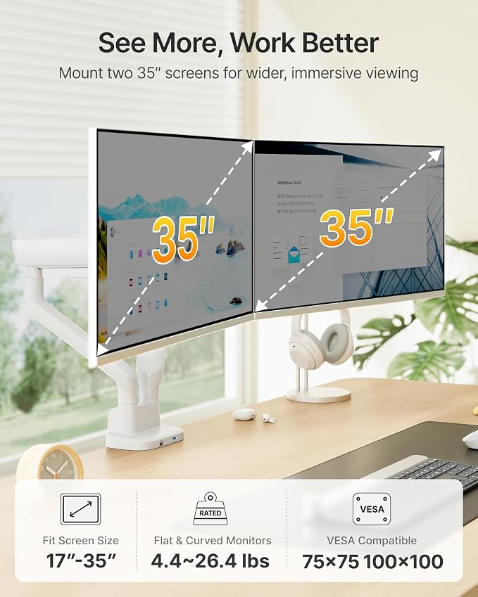 monTEK Mechanical Spring Dual Monitor Arm with USB for 27 32 34inch Screens | White, Built-in One-Way Bearing, Holds 26.4 lbs, VESA 75/100mm, C-Clamp/Grommet Base & Cable Management, Office, Home, Game - Image 2