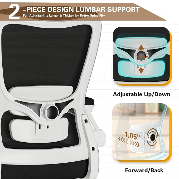 Ergonomic Office Chair for Long Hours, Adjustable Padded Lumbar Support for Lower Back Relief, 330 lb Capacity, Comfortable Computer Desk Chair for Home Office, Work & Study - Image 3