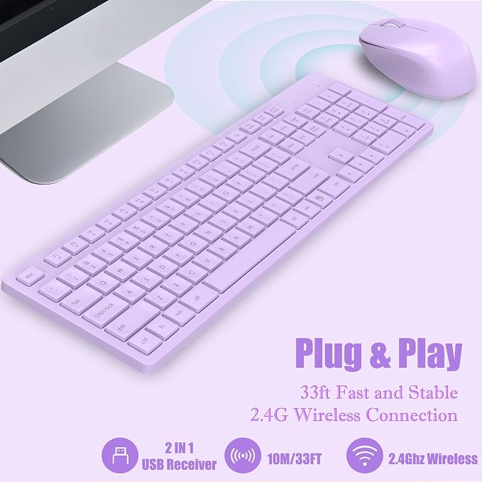 LeadsaiL Purple Wireless Keyboard and Mouse Combo, Full-Sized Ergonomic Computer Keyboard, 2.4GHz USB Cordless Keyboard Silent Mouse Set, 12 FN Shortcuts for Windows MacOS Laptop Computer - Image 3