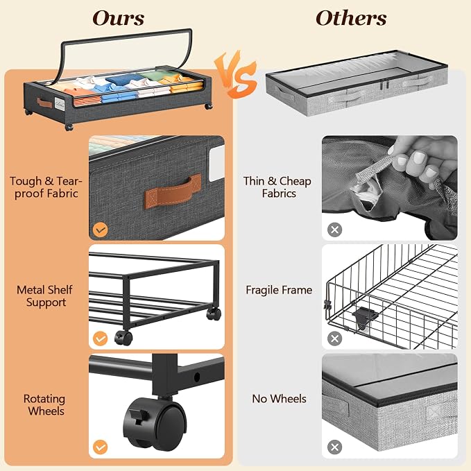 Yecaye 70L Under Bed Storage with Wheels, 2Pack Larger Capacity Under Bed Storage Containers, Underbed Shoe Storage Organizer, Rolling Under Bed Metal Drawers for Shoes, Clothes, Hemp Grey - Image 6
