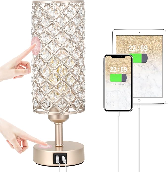 Crystal Table Lamp, 3 Way Dimmable Touch Lamps for Night Stands, Champagne | Champagne Gold Bedside Lamp, Nightstand Lamp for Bedroom (Bulb included) by Hong-in