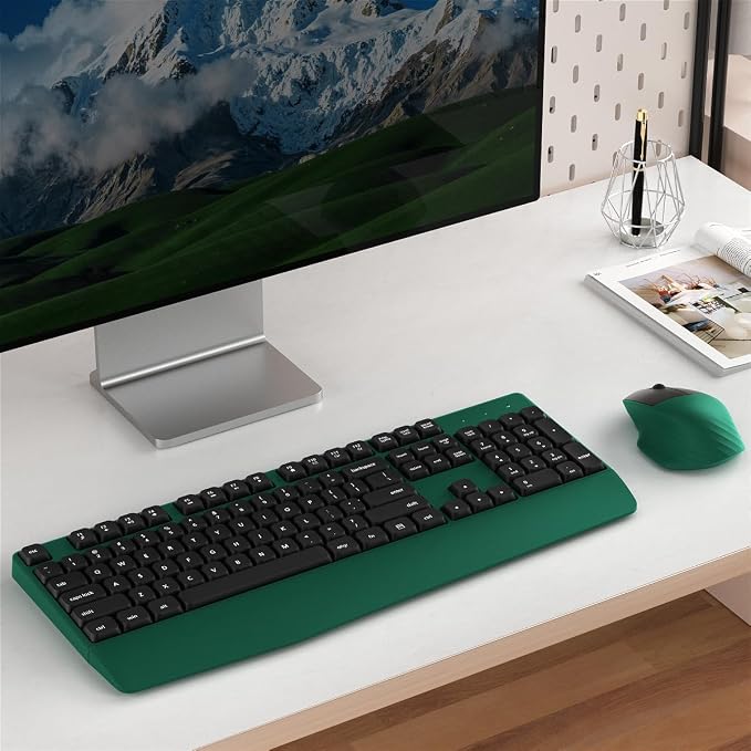 Ergonomic Wireless Keyboard and Mouse Combo with Wrist Rest (Black Green) | COVEVA Full Size Keyboard with 12 Dedicated Shortcuts, Smart Auto-Sleep, 2.4GHz Receiver, Natural Typing for PC Laptop - Image 2