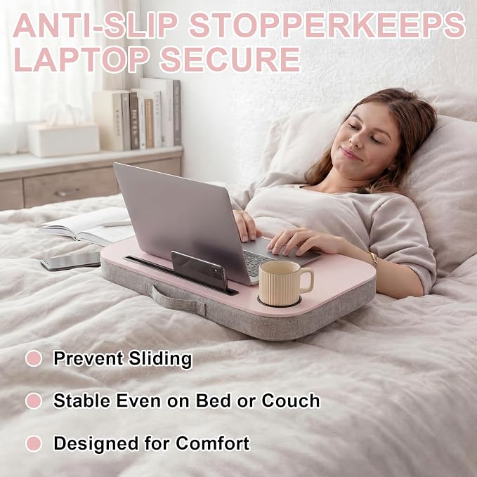 Lewtemi Pink Laptop Lap Desk with Cushion Cup Holder and Stopper Padded and Phone Holder Couch Bed Sofa Fits up to 15.6 Inch Portable Lap Desk for Home Office Study Writing - Image 5