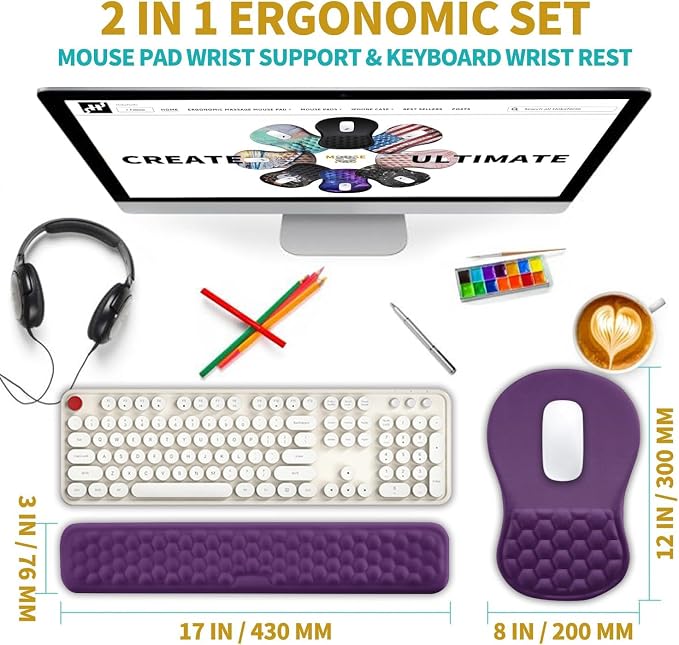 Hokafenle 2 in 1 Ergonomic Mouse Pad Wrist Support & Wrist Rest for Computer Keyboard Set, with Relieve Carpal Tunnel Pain Massage Bulge and Full Memory Gel Design (2In1 Set, Dark Purple) - Image 2