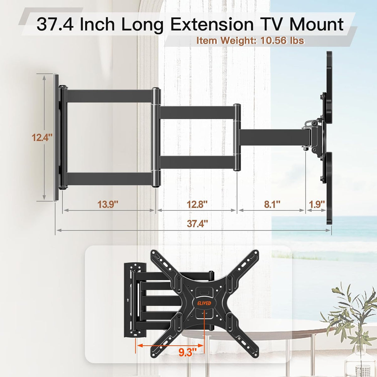 ELIVED Long Arm TV Wall Mount for Most 26-65 Inch TVs, 37.4 Inch Long Extension TV Mount Swivel and Tilt, Max VESA 400x400mm, Full Motion Wall Mount tv Bracket Holds up to 77 lbs. (Pack of 2) - Image 7