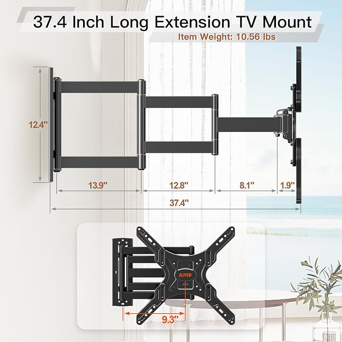 ELIVED Long Arm TV Wall Mount for 26-65" TVs, Max VESA 400x400, 77 Lbs Load | 37.4in long extension, full motion swivel & tilt, durable wall bracket for household flat screen TVs - Image 7