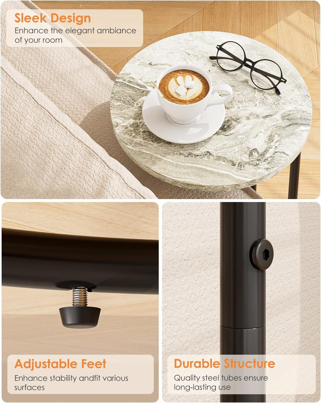 C-Shaped End Table, Small Side Table for Couch, Marble and Black - Image 6