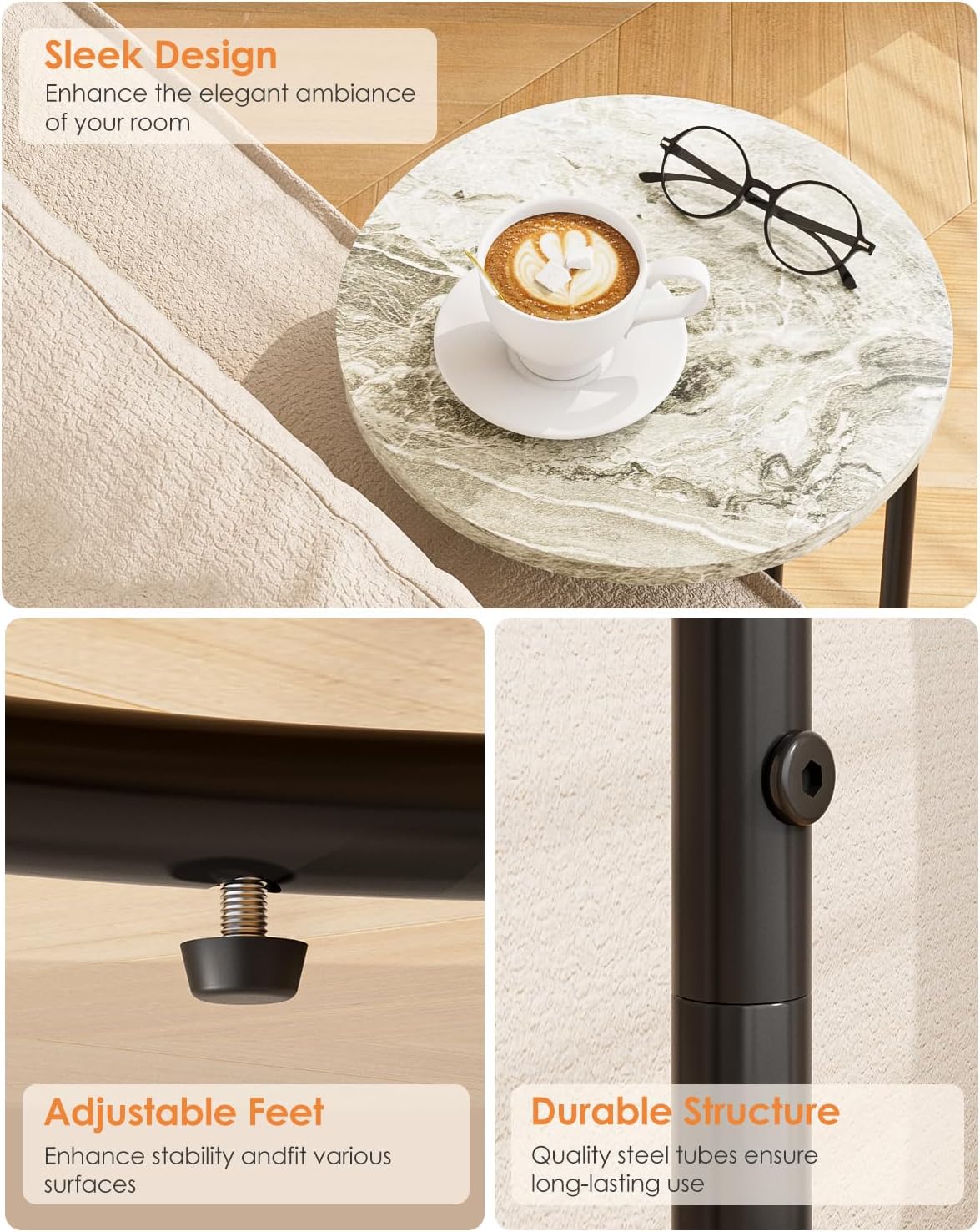 C-Shaped End Table, Small Side Table for Couch, Marble and Black - Image 6