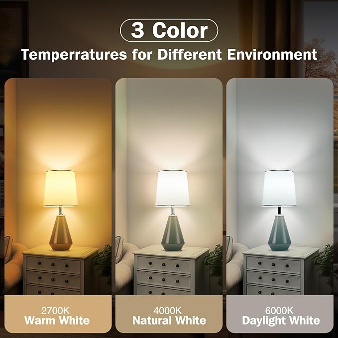 Small Bedside Table Lamp for Bedroom - Reading Desk Lamp with 3 Color Temperatures，15.5" Nightstand Ceramic Lamp with Fabric Shade for Kids Room,Living Room,Dorm,Home Office (Green+White) - Image 2