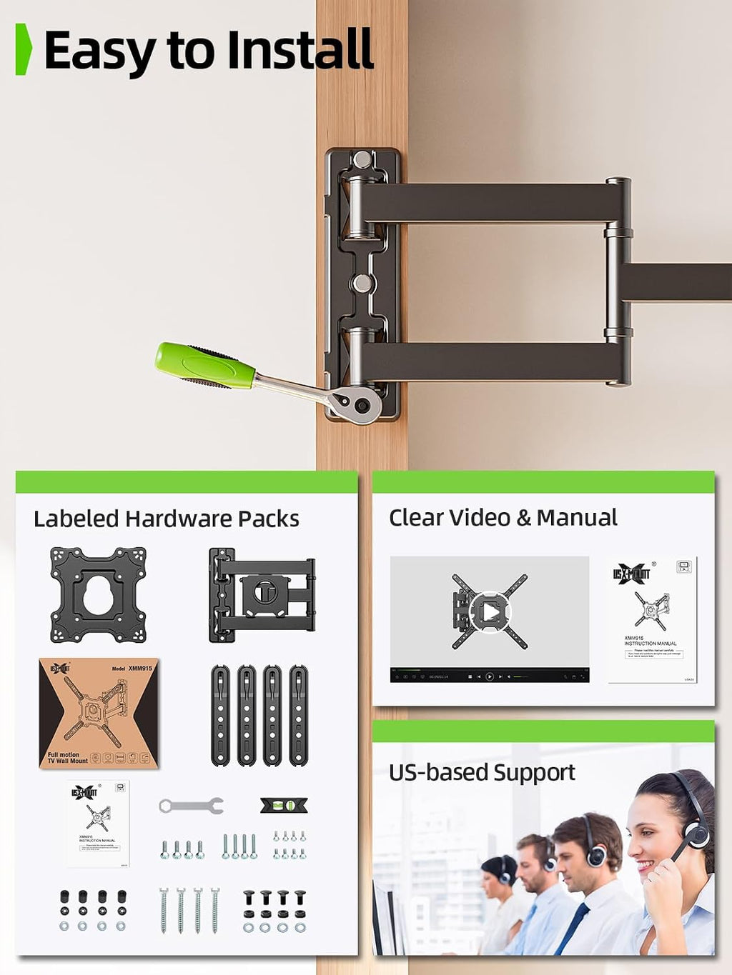 USX Mount TV Wall Mount for Most 26-60 Inch TVs up to 77 lbs, Full Motion Wall Mount TV Bracket with Swivel Tilt Single Stud Design for Corner, Max VESA 400x400mm fit Most 32 40 42 43 50 55 60 TVs - Image 7