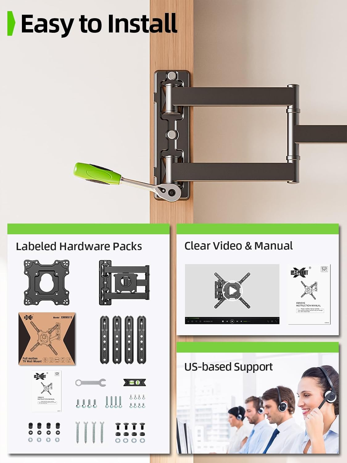 USX Mount TV Wall Mount for Most 26-60 Inch TVs up to 77 lbs, Full Motion Wall Mount TV Bracket with Swivel Tilt Single Stud Design for Corner, Max VESA 400x400mm fit Most 32 40 42 43 50 55 60 TVs - Image 7
