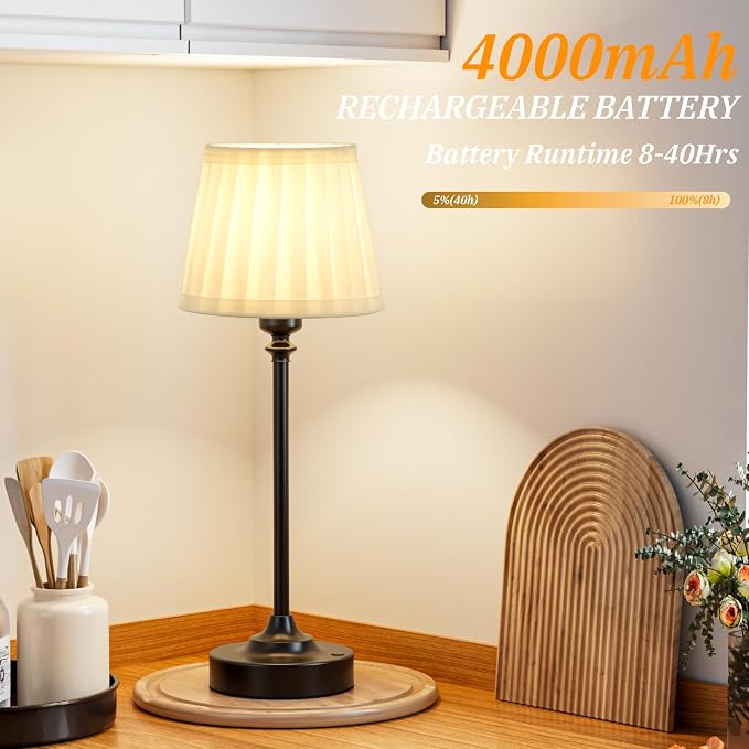 Cordless Table Lamps Rechargeable Set - 2 Pack Black 4000mAH Battery Operated Lamps for Decor, 3000K Stepless Dimming Touch Control Wireless Lamps for Bedroom, Dining Table, Living Room, White Shade - Image 5