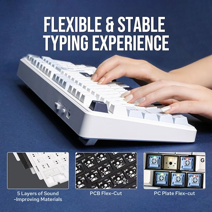 EPOMAKER x Aula F99 Wireless Mechanical Keyboard, Hot Swappable Gasket | Custom Gaming Keyboard with Five-Layer Padding, BT/2.4GHz/USB-C, 8000mAh Battery (White Blue, Graywood V3 Switch) - Image 3