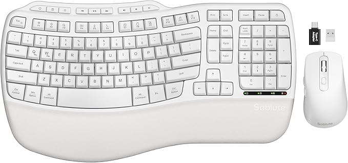 White Ergonomic Wireless Keyboard and Mouse Combo, 2.4G Full Size Ergo Wave Key Board with Cushioned Plam Rest, Natural Typing, 3 DPI Adjustable Silent Mouse for Computer/Laptop/Windows/Mac - Sablute by SABLUTE