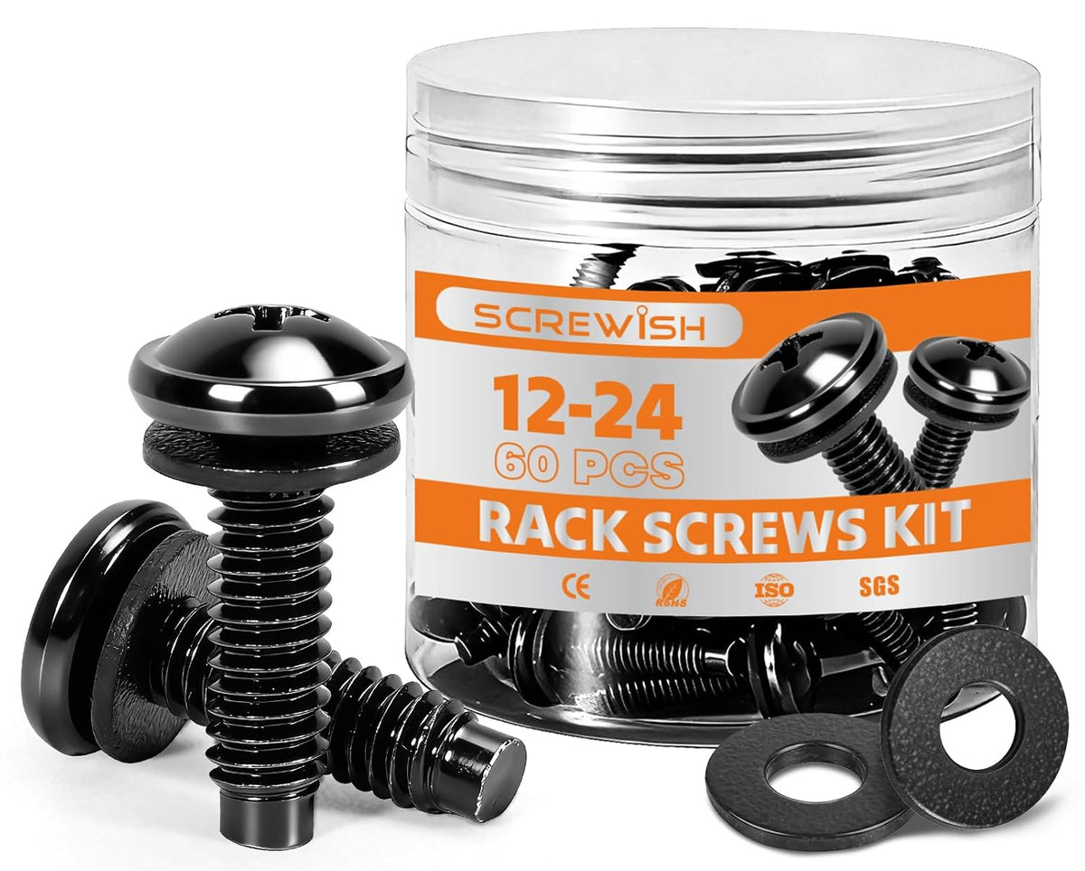 12-24 Rack Screws with Nylon Washers, 60 Pack, Black by Screwish