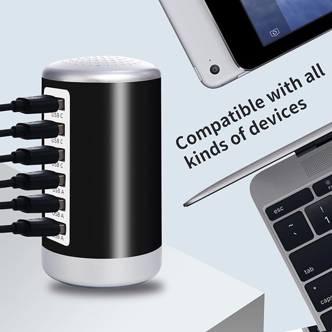 60W USB Charging Station, 6-Port (3 USB-A & 3 USB-C) Compatible with iPhone 15/14/13/12/11, Tablets, Smartphones Black - Image 2