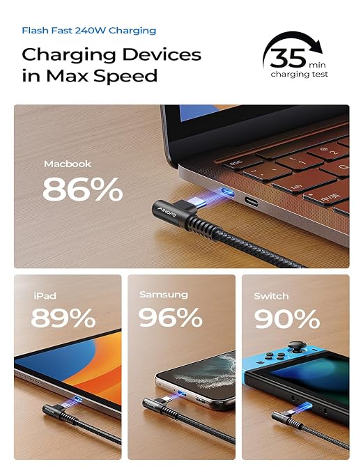 AINOPE 240W High Speed USB C Cable [3.3ft] USBC to USBC Cable, Right Angle C to C Cable Fast Charging Compatible with iPhone 16 Charger Cord, iPad Pro,MacBook Air 2024 M4,Samsung Galaxy S24, Black - Image 4