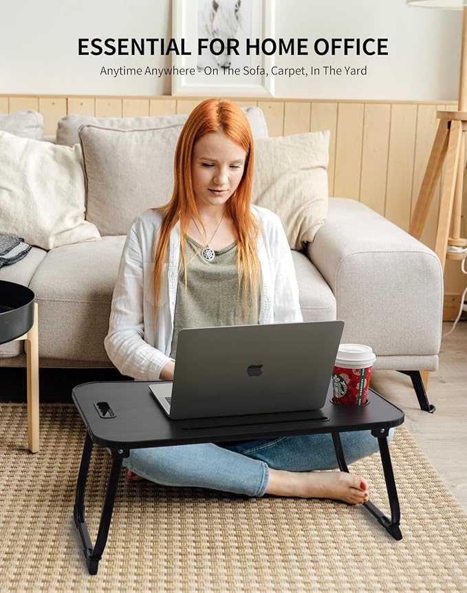 ZEAPTAC Laptop Bed Desk, Foldable Lap Desk, Portable Lap Table, Laptop Stand with Cup Holder, Tablet Slot & Lifting Handle for Work, Write, Draw & Eat on Bed, Sofa or Couch - Black - Image 4