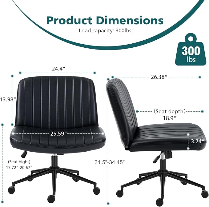 OLIXIS Criss Cross Chair with Wheels, Vanity Chair, Home Office Desk | Wide Seat Armless, Faux Leather, Height Adjustable Swivel Rolling, Home Computer Task Seating for Bedroom Study, Black PU - Image 2