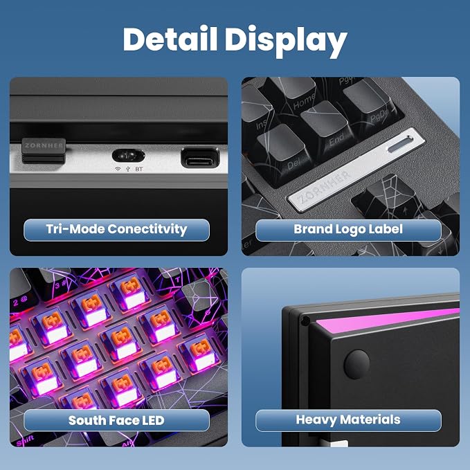 ZORNHER ZH870 Wireless Gaming Mechanical Keyboard,80% Black Custom Creamy Sound Keyboard with Spider Web IMD PC Keycaps,Creamy Sounding Linear Switches,Hot-Swappable,RGB Backlit,2.4GHz/USB-C/BT5.0 - Image 6