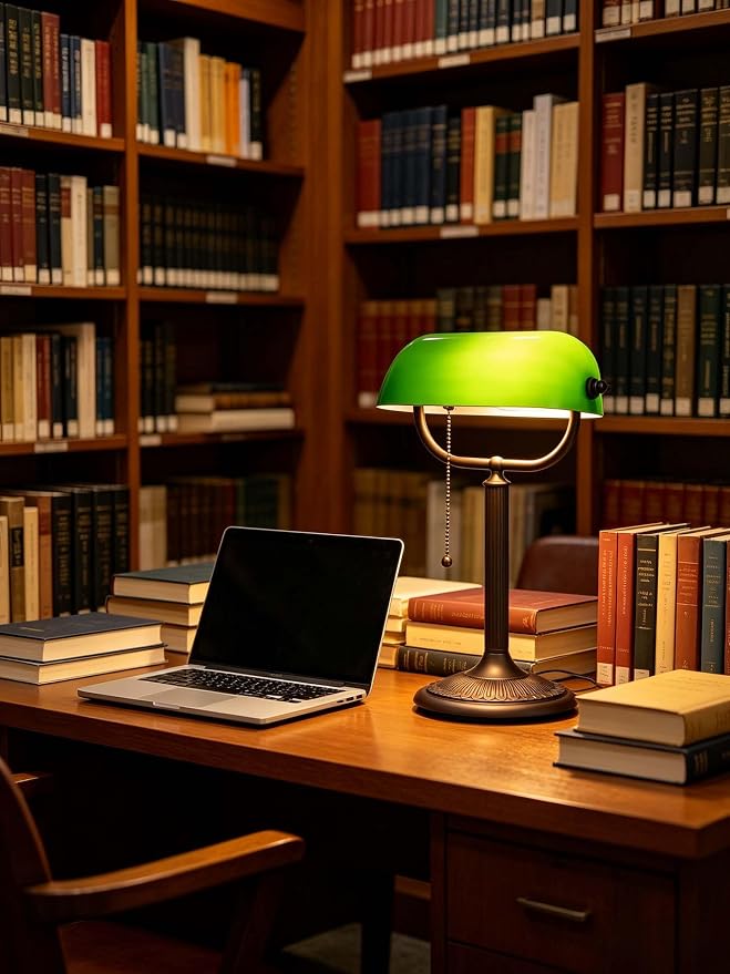 1-Minute Quick-Change Shade Antique Green Glass Bankers Desk Lamp | Study Office Library,LED Bulb Included - Image 7
