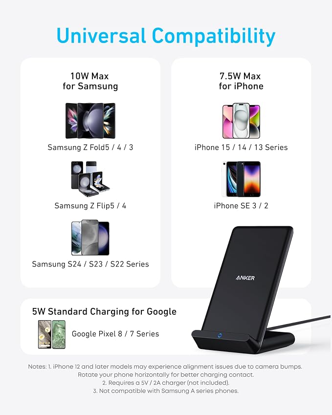 Anker 313 Qi-Certified 10W Max Wireless Charger Stand | Fast Power for iPhone 15 / 14 / 13 / 12 / 11 / X / 8, Galaxy S23 / S22, and More (Micro-USB Cable, Adapter Not Included) - Image 3