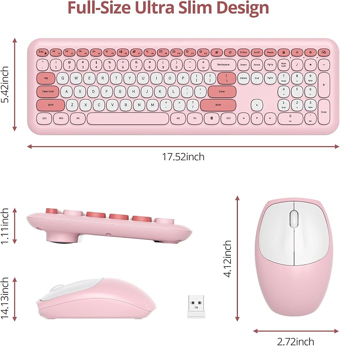 surmen Cute Wireless Keyboard and Mouse Combo, Pink Wireless Keyboard with Silent Mouse, Full Size Slim Low-Noise Soft Touch Round Keys for Home and Office,（6-Pink） - Image 5