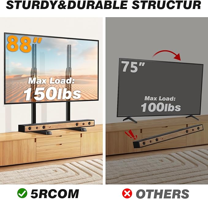 5Rcom Table Top TV Stand Universal for 35-88 Inch Flat & Curved TVs | Height Adjustable TV Mount Stand, 150lbs Load, Built-in Cable Management, Black Finish - Image 3