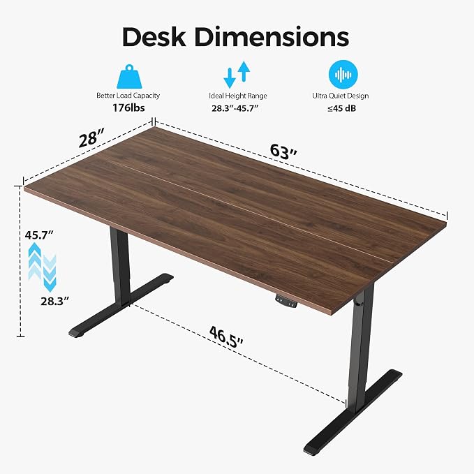 Agilestic 63*28 Inch Height Adjustable Electric Standing Desk, Dark Walnut | Sit Stand Up Computer Desk, Extra Wide desktop, Memory Presets, Stable Steel Frame,154 lbs, Easy Assembly, Splice Board - Image 8