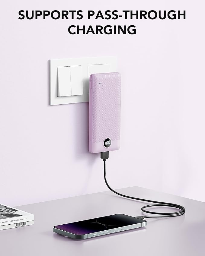 VRURC Portable Charger, Power Bank Built-in Cables and AC Wall Plug | USB C Power Bank 10000mAh Travel Essentials Phone Charger Compact External Battery Pack For Smart Phones, Tablets etc-Purple - Image 2