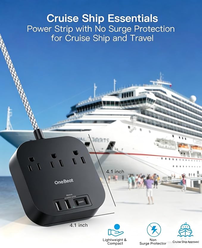 One Beat Power Strip with USB C, 3 Outlets 4 USB Ports, 6ft Short Braided Extension Cord, 22.5W Desktop Charging Station, Flat Plug, Non Surge Protector, Cruise Ship Travel Compact, ETL Listed, Black - Image 7