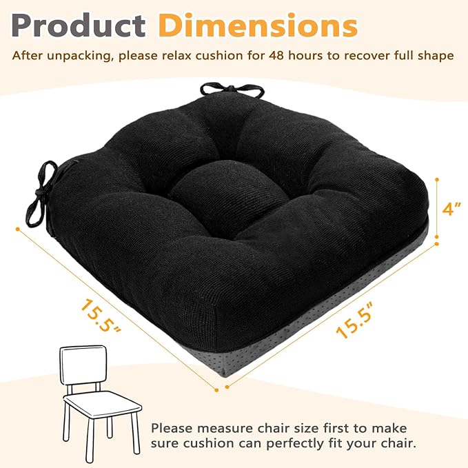 MAGIC ELEPHANT Chair Cushions for Dining Chair, Shredded Memory Foam Kitchen Chair Cushions Set of 4, Non-Slip Thick Dinning Room Chair Pads Seat Cushions, 15.5" x 15.5" x 4" (Black) - Image 3