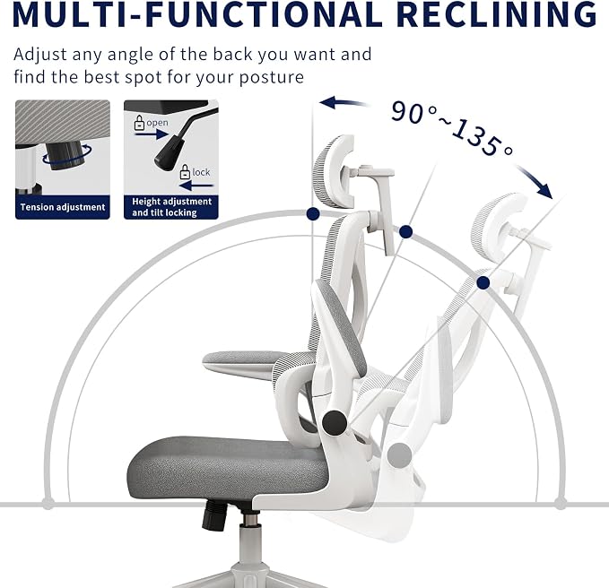 Ergonomic Office Chair - Desk Chair with Adjustable Headrest Lumbar Support Computer Chair - Mesh Comfy Chair with Flip-up Armrests - Gaming Chairs for Adults Home Office (White+Gray) - Image 6