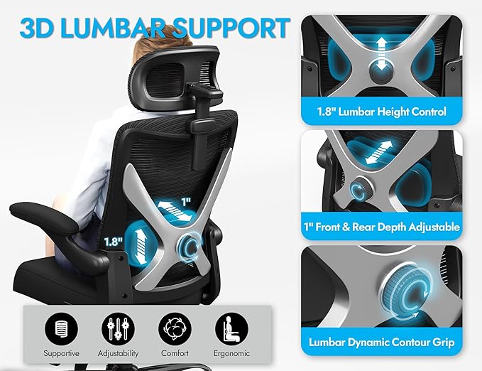 Ergonomic Office Chair: Mesh Desk Chair Comfy with Headrest& Lumbar Support | Ergalithic Big and Tall Office Chairs with Wheels & Flip-Up Arms-Computer Gaming Chairs for Adults (Black-Pack of 4) - Image 4