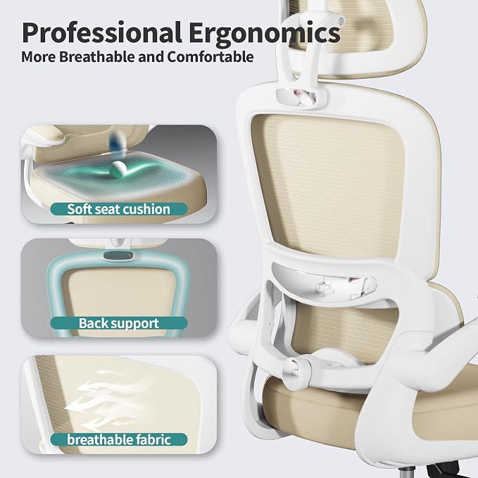 TRALT Office Chair Ergonomic Desk Chair - Gaming Chair with Lumbar Support | 330 LBS Home Office Desk Chairs with Headrest, Reading Chair with Flip-up Armrests, Comfortable Computer Chairs (1, Beige) - Image 3