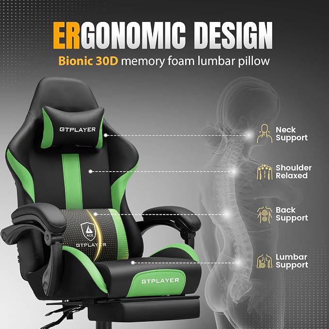 GTPLAYER Gaming Chair with Pocket Spring Cushion, Leather Office Chair with Ergonomic High Back & Lumbar Support for Back Pain Relief, Computer Game Chair for Adults, Grass Green - Image 5