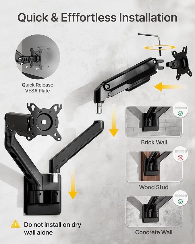 monTEK Dual Monitor Wall Mount, Wobble-Free Spring, 17–32" Full Motion | Dual Wall Mount Frees Full Desktop Space, Zero Clearance Retracts To 3.8", Wobble-Free Spring, Supports 20 Lbs Per Arm - Image 9