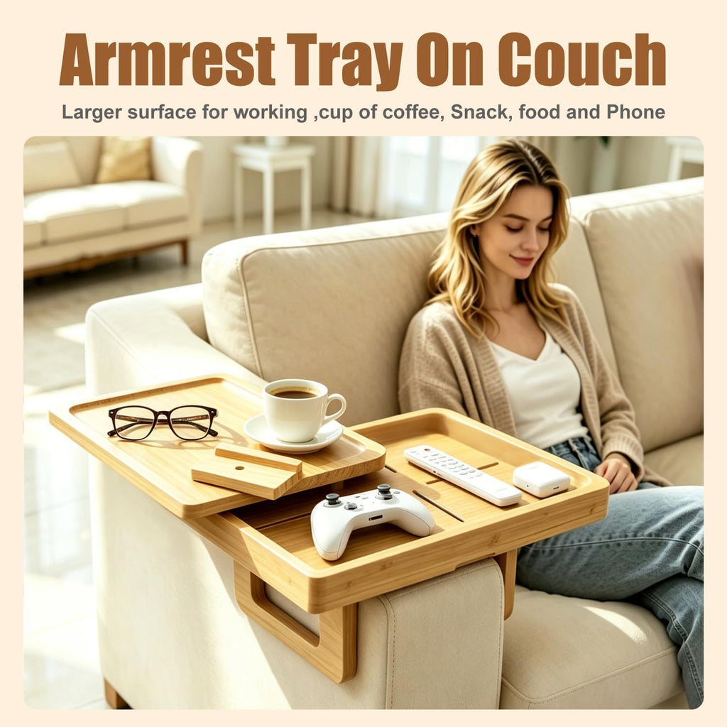 Bamboo Sofa Arm Tray Rotating Tabletop Couch Arm Table - Image 3