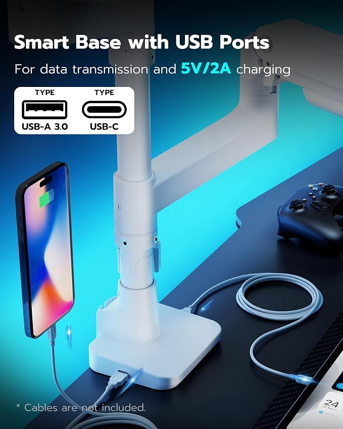 ARES WING White Ultrawide Dual Monitor Mount with USB A/C for 17 to 49 Inch | Pro Gas Spring, Aluminum Material, Flexible Screen Layouts, for 75/100 Vesa Mount, Hold 44lbs Each Arm, for Samsung Monitor - Image 7