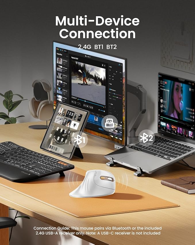 ProtoArc EM11 NL Wireless Ergonomic Mouse, Rechargeable, White Gold | 58° vertical design supports a natural wrist posture, connect 3 devices via Bluetooth/2.4G USB-A, 500mAh USB-C rechargeable. - Image 3