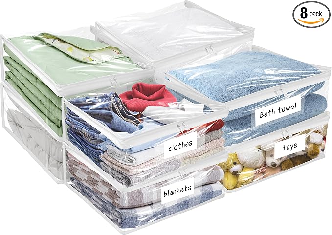 Plastic Storage Bags with Easy-Glide Zipper, Pack of 8, Durable Clear Vinyl Zippered Storage Bags for Clothes Sweaters Comforters Blankets Sheets Bedding (24 x 20 x 11 Inch, Transparent White) by Kikerike