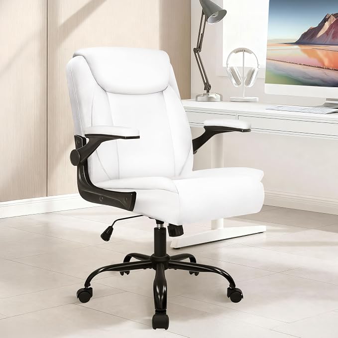 NEO CHAIR PU Leather Office Desk Chair with Adjustable Arms, White | Ergonomic Mid Back Computer Desk Chair Comfy with Wheels Swivel Rolling for Home Office Gaming Study - Image 2