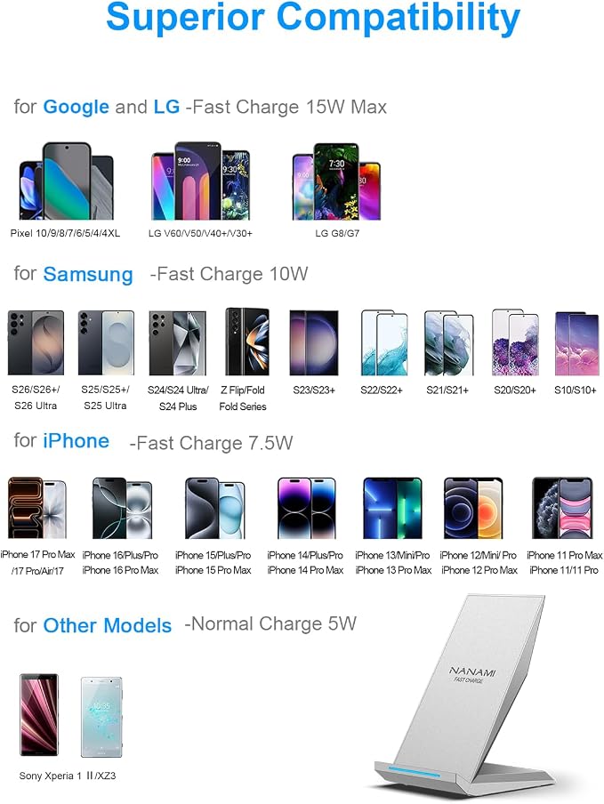 Fast Wireless Charger, NANAMI Wireless Charging Stand Compatible iPhone 17/17 Air/17 Pro/16/16 Plus/15/14/13/12, Desktop Charger Dock Phone Charging Stand for Samsung Galaxy S26/S25/S24/S23/S22/S21 - Image 2