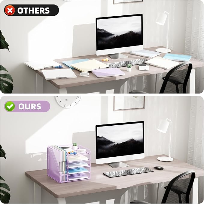 Marbrasse Desk Organizers and Accessories, 5-Tier Paper Letter Tray Organizer with File Holder, Mesh File Organizer, Office Desk Accessories & Organization for Supplies (Purple) - Image 5