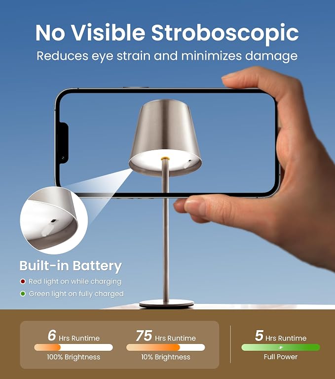 3 Pack Cordless Table Lamp, Portable Battery Operated Lamp with 3 Color Temps and Stepless Dimming, Rechargeable Table Lamp for Dinner, Desk, Cafe, Outdoor (Brushed Silver) - Image 7