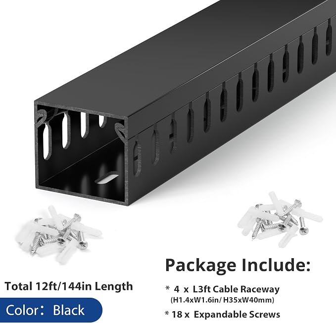1.4"H x 1.6"W Cable Raceway, 12ft Under Desk Wire Management Channel, Black | Slotted Wire Duct, 4 Pack (3 ft Each), Heavy-Duty PVC Cable Management for Server Racks, Network Cables & Electrical Cabinets - Image 4
