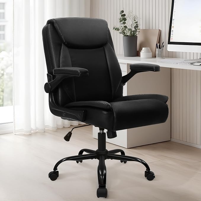NEO CHAIR PU Leather Office Desk Chair with Adjustable Arms, All Black | Ergonomic Mid Back Computer Desk Chair Comfy with Wheels Swivel Rolling for Home Office Gaming Study - Image 2