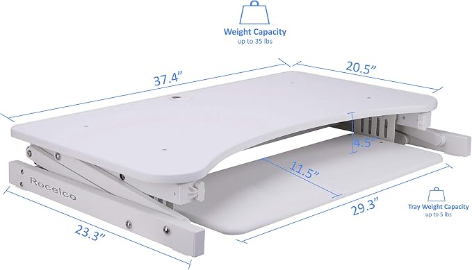 Rocelco 37.5" Deluxe Height Adjustable Standing Desk Converter - Quick Sit Stand Up Dual Monitor Riser - Gas Spring Assist Computer Workstation - Large Retractable Keyboard Tray - White (R DADRW) - Image 3