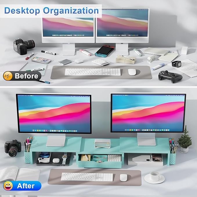 gianotter Dual Monitor Stand Riser With Drawer and 2 Pen Holders | Computer Monitor Stand Desk Organizer and Accessories Desk Shelf for Top of Desk (Blue) - Image 2