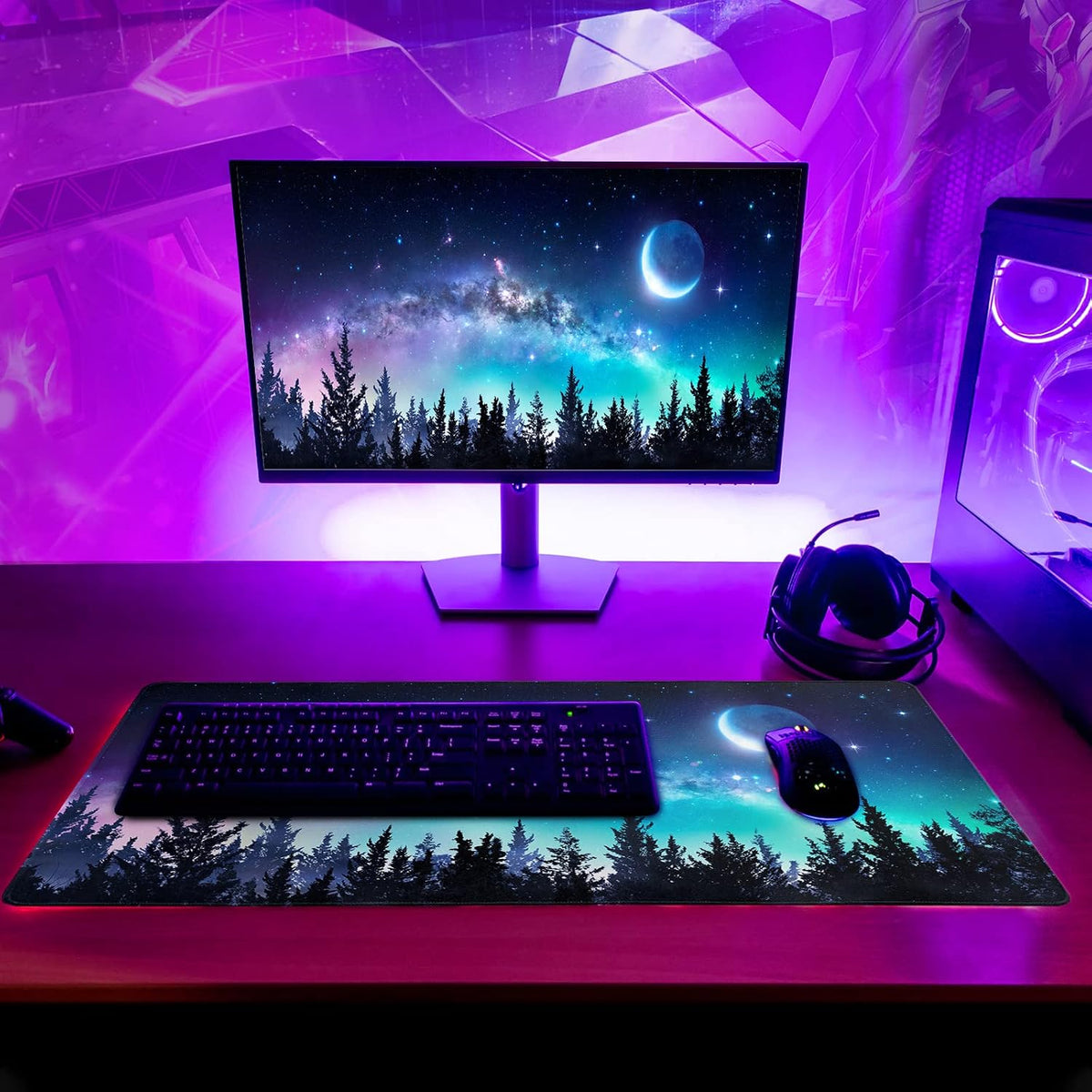 Extended Gaming Mouse Pad, XL Large Keyboard Mouse Mat Desk Pad, Stitched Edges Mousepad, 3mm Thick Long Non-Slip Rubber Base Mice Pad, 31.5 X 11.8 Inch, Forest Moon Galaxy - Image 6